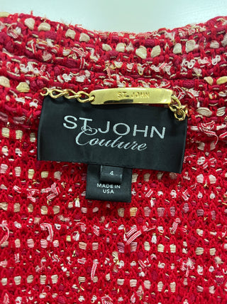 Red Tweed Blazer With Ornated Crystal Buttons