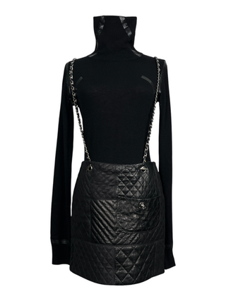 Black Quilted Lambskin Skirt With Chain Suspenders