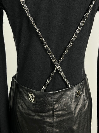 Black Quilted Lambskin Skirt With Chain Suspenders