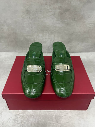 Green 55mm Crocodile-embossed Buckled Mules