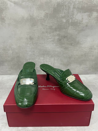 Green 55mm Crocodile-embossed Buckled Mules