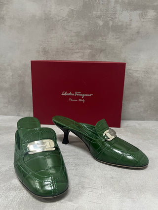 Green 55mm Crocodile-embossed Buckled Mules