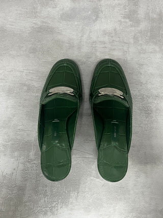 Green 55mm Crocodile-embossed Buckled Mules