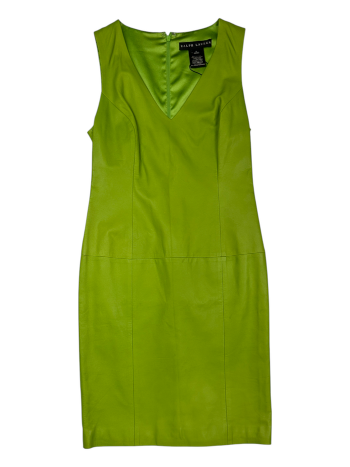 Lime Green V-Neck Leather Sleevless Dress