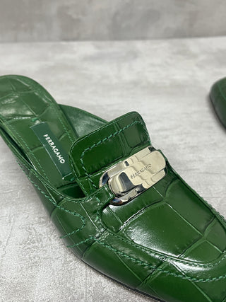 Green 55mm Crocodile-embossed Buckled Mules