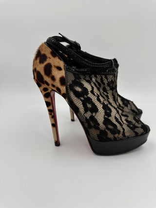 Black Lace And Leopard Peep Toe Platform Shoes With Ankle Strap