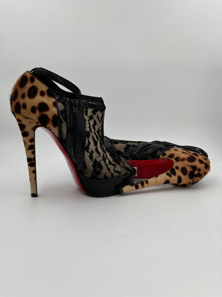 Black Lace And Leopard Peep Toe Platform Shoes With Ankle Strap