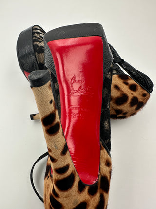 Black Lace And Leopard Peep Toe Platform Shoes With Ankle Strap