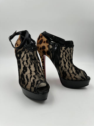 Black Lace And Leopard Peep Toe Platform Shoes With Ankle Strap