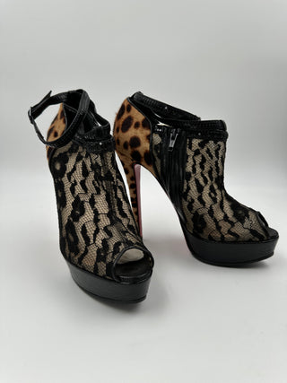 Black Lace And Leopard Peep Toe Platform Shoes With Ankle Strap
