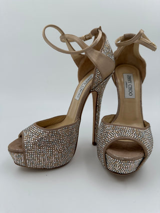 Beige Peep Toes 15cm Crystallized Platform Pumps