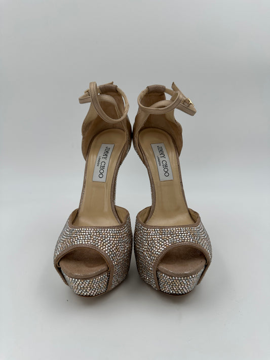 Beige Peep Toes 15cm Crystallized Platform Pumps