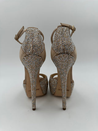Beige Peep Toes 15cm Crystallized Platform Pumps