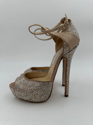 Beige Peep Toes 15cm Crystallized Platform Pumps