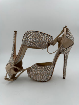 Beige Peep Toes 15cm Crystallized Platform Pumps