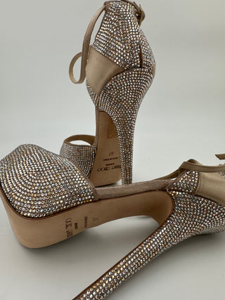Beige Peep Toes 15cm Crystallized Platform Pumps