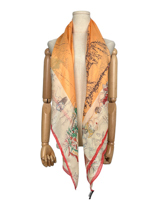 Vintage Illustrated Print Square Scarf