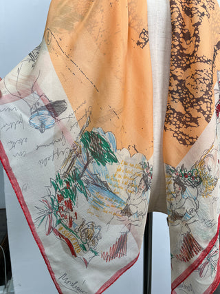 Vintage Illustrated Print Square Scarf