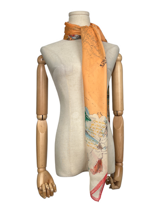 Vintage Illustrated Print Square Scarf