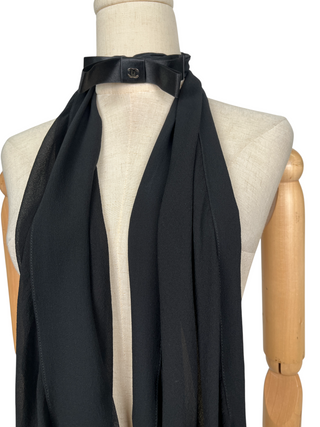 Black Silk Sheer Scarf With Interlocking CC Logo Ribbon Neckpiece