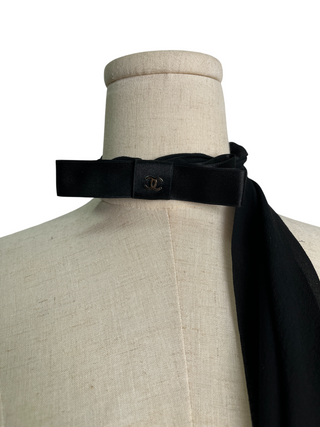 Black Silk Sheer Scarf With Interlocking CC Logo Ribbon Neckpiece