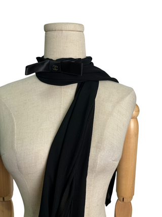 Black Silk Sheer Scarf With Interlocking CC Logo Ribbon Neckpiece