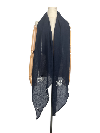 Navy Cashmere Trapezoid Scarf With White Stitching Edge