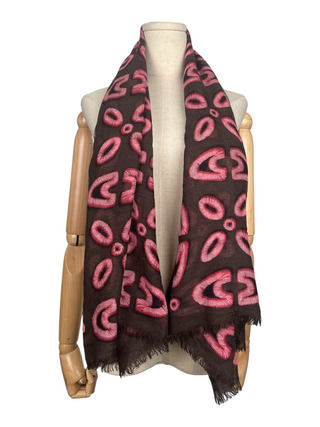 Brown Cashmere Silk Shawl With Pink Overall Print