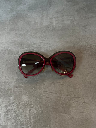 Burgundy Acetate Glasses With Gold Logo Details And Shaded Lens