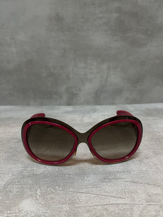 Burgundy Acetate Glasses With Gold Logo Details And Shaded Lens