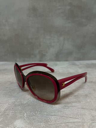 Burgundy Acetate Glasses With Gold Logo Details And Shaded Lens