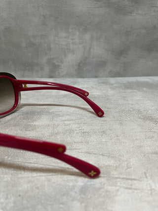 Burgundy Acetate Glasses With Gold Logo Details And Shaded Lens