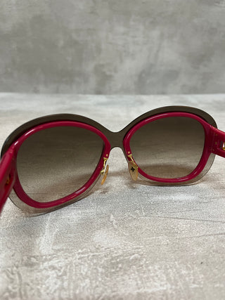 Burgundy Acetate Glasses With Gold Logo Details And Shaded Lens