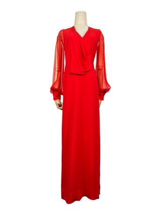 Red Sheer And Open Long Sleeves Draped Long Dress