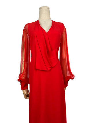 Red Sheer And Open Long Sleeves Draped Long Dress