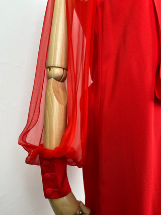 Red Sheer And Open Long Sleeves Draped Long Dress