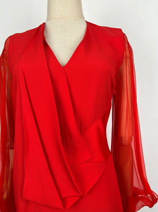 Red Sheer And Open Long Sleeves Draped Long Dress