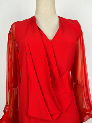 Red Sheer And Open Long Sleeves Draped Long Dress