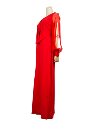 Red Sheer And Open Long Sleeves Draped Long Dress