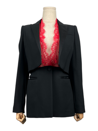 Black Tuxedo-Tailoring Box Jacket With Red Lace Low-V Inserts