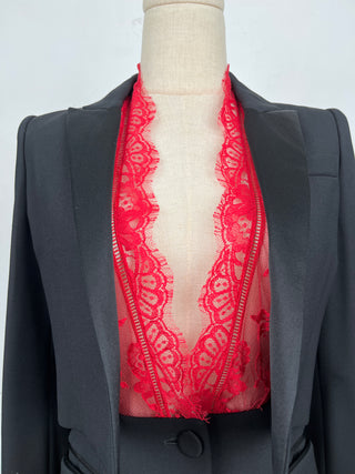 Black Tuxedo-Tailoring Box Jacket With Red Lace Low-V Inserts