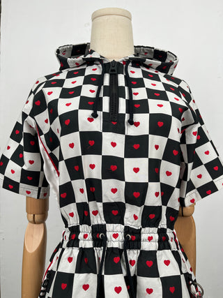 Dioramour Black And Red Checkered Heart Printed Hooded Short Dress