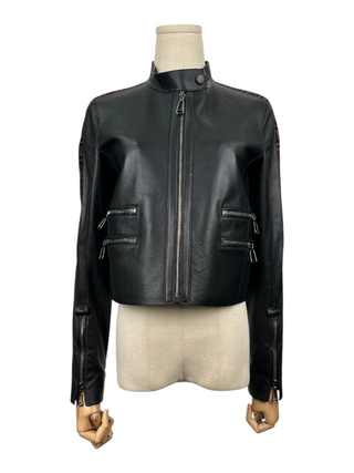 Black Leather Jacket Accented By Logo Stripes