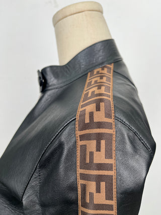 Black Leather Jacket Accented By Logo Stripes