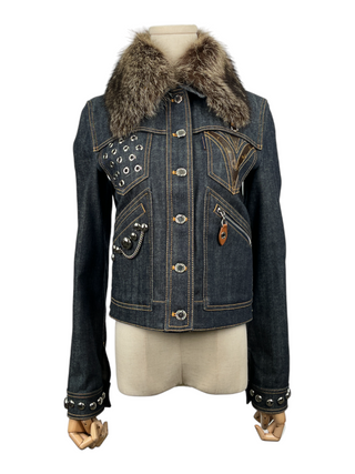 Blue Denim Jacket With Silver Studs Detail And Detachable Fur Collar