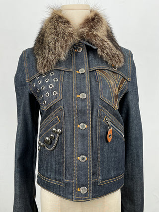 Blue Denim Jacket With Silver Studs Detail And Detachable Fur Collar