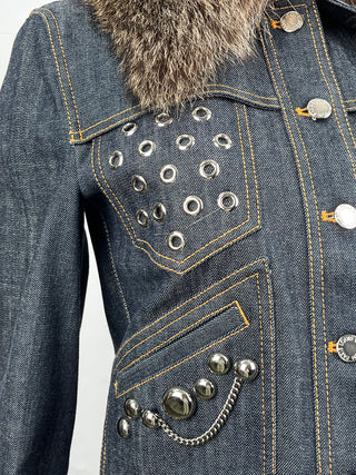 Blue Denim Jacket With Silver Studs Detail And Detachable Fur Collar