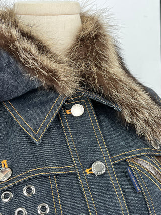 Blue Denim Jacket With Silver Studs Detail And Detachable Fur Collar