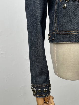 Blue Denim Jacket With Silver Studs Detail And Detachable Fur Collar