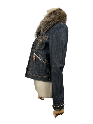 Blue Denim Jacket With Silver Studs Detail And Detachable Fur Collar